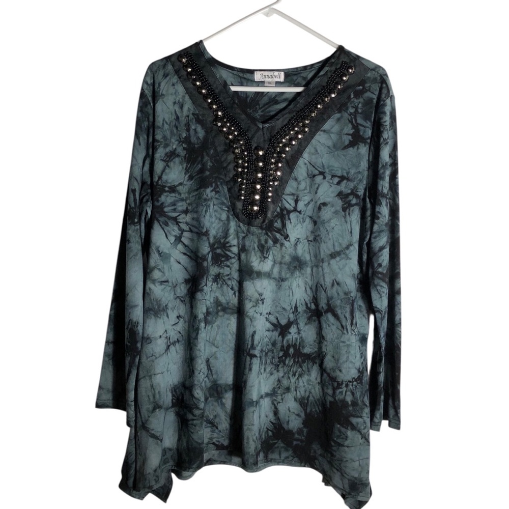 Annabell beaded ltie die long sleeve asymmetrical top Sz XL